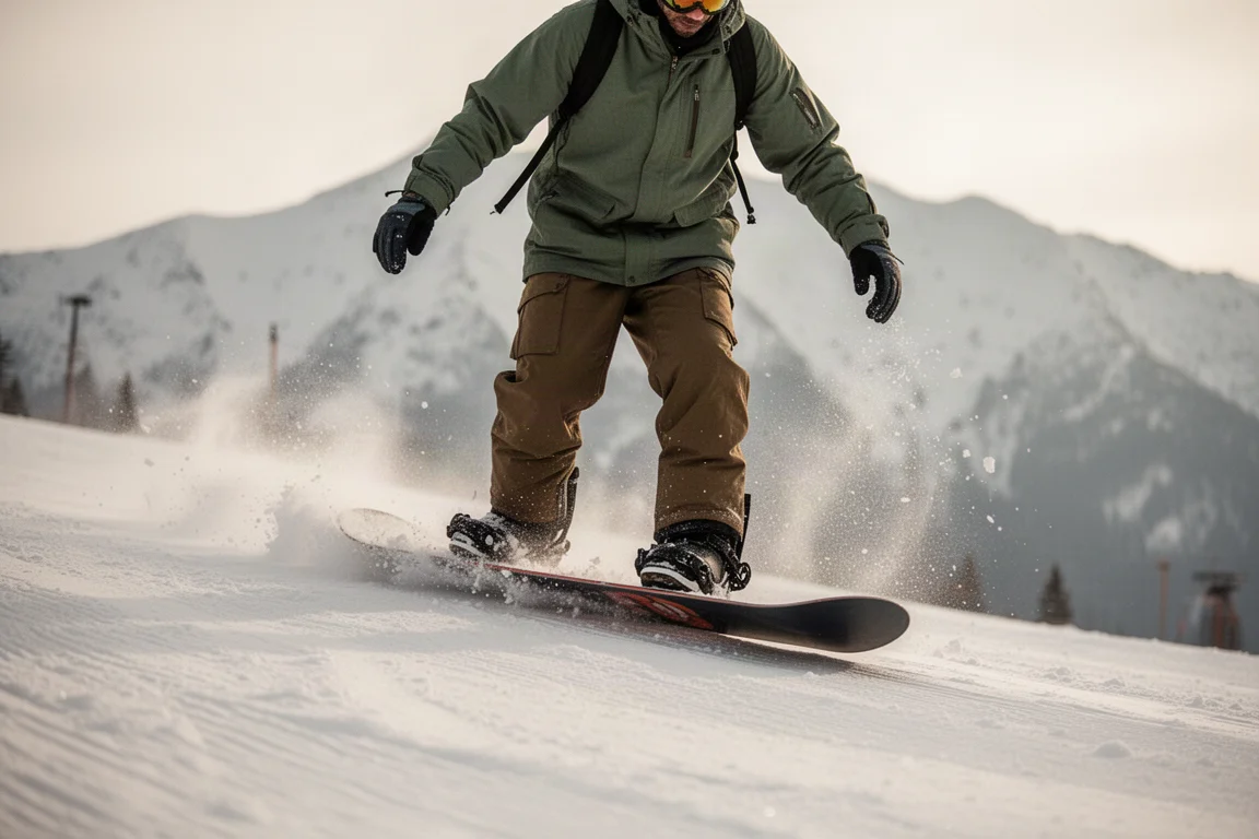 Snowboarder buttering on a groomed resort slope in soft daylight