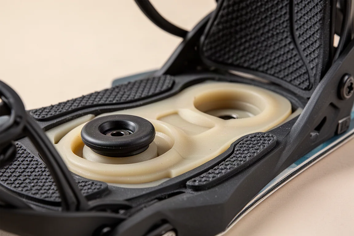 Close-up of a snowboard binding footbed showing soft bushing padding