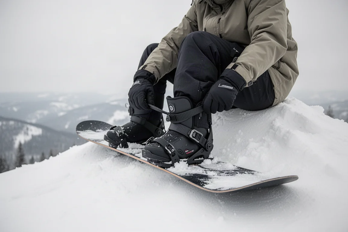 Rider strapping into snowboard bindings at the top of a run
