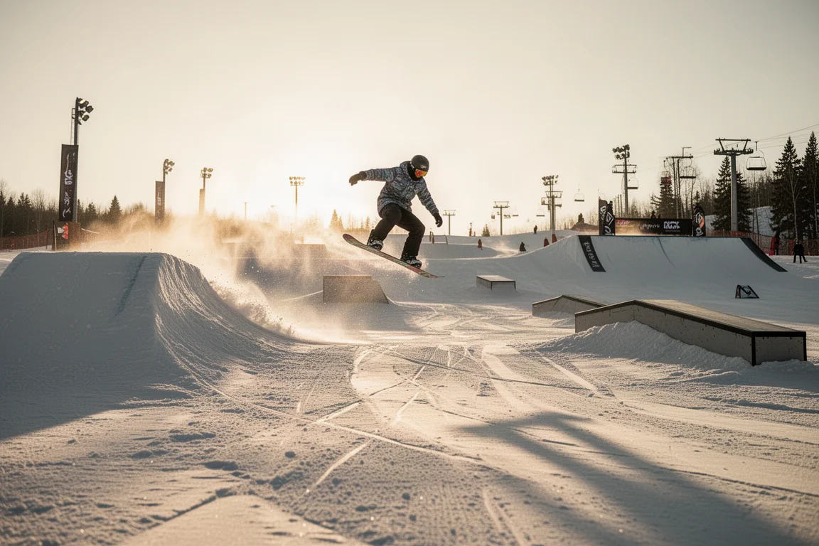 Snowboarder riding through a terrain park at dusk