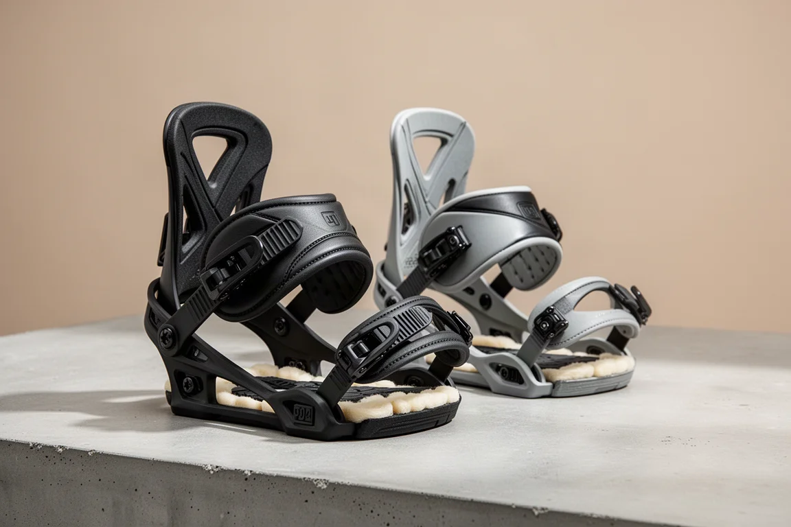 Pair of 2024 Union Ultra snowboard bindings on a concrete surface