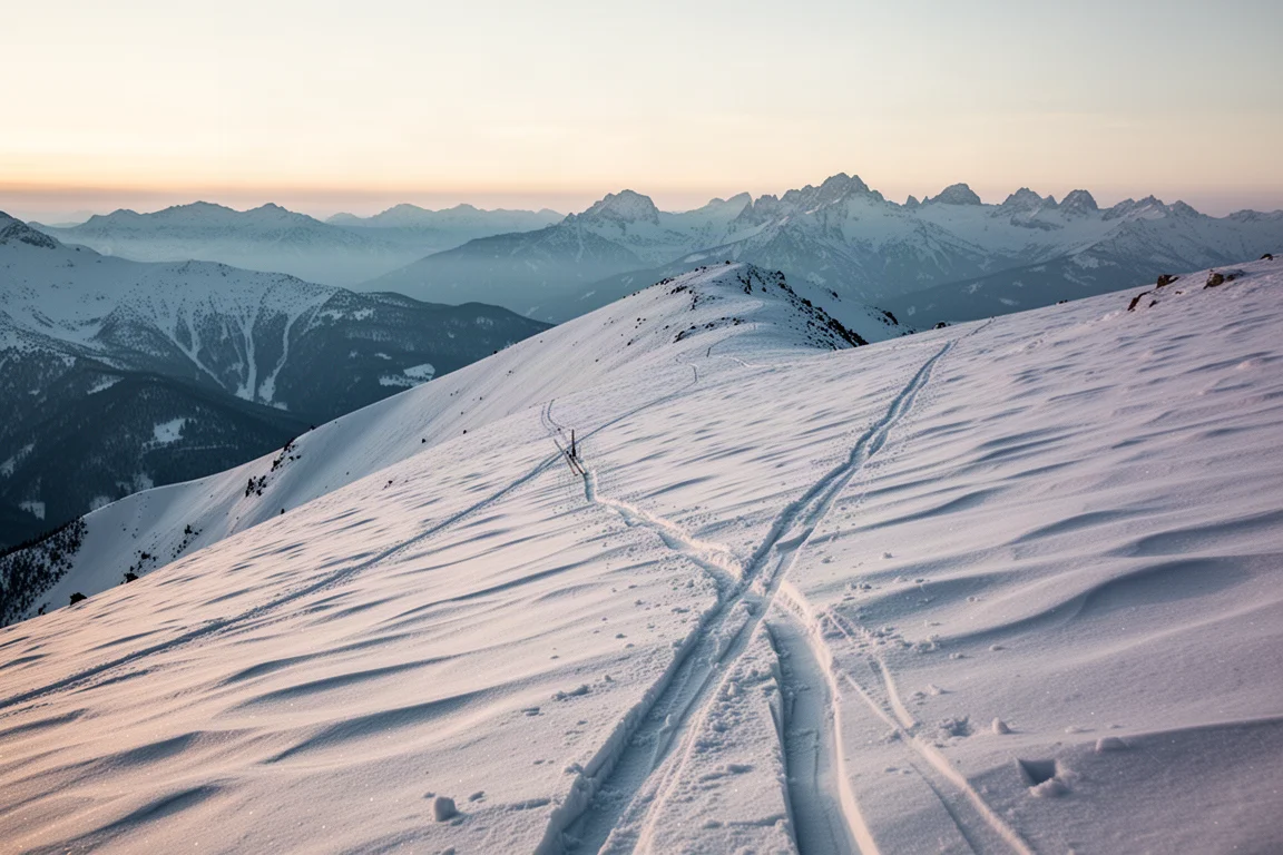 Wind-affected alpine ridge at first light with diagonal ski tracks across the slope