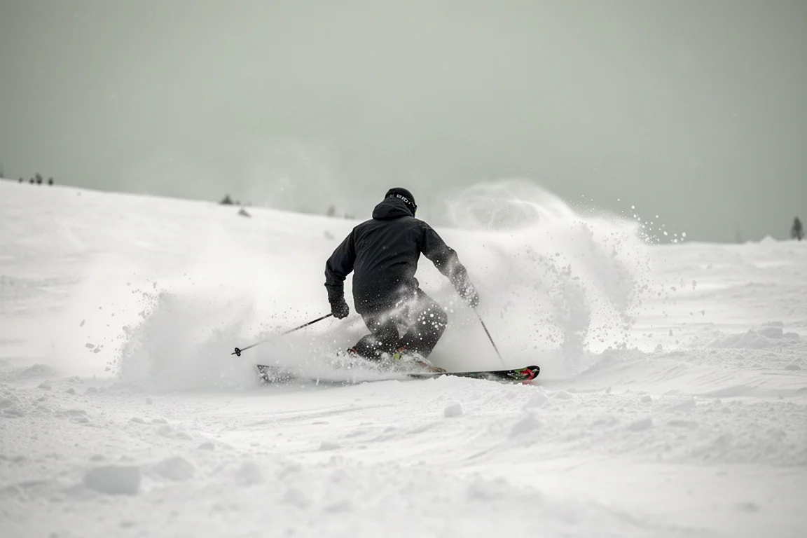 Skier carving through cut-up snow, dense spray fanning out behind the skis
