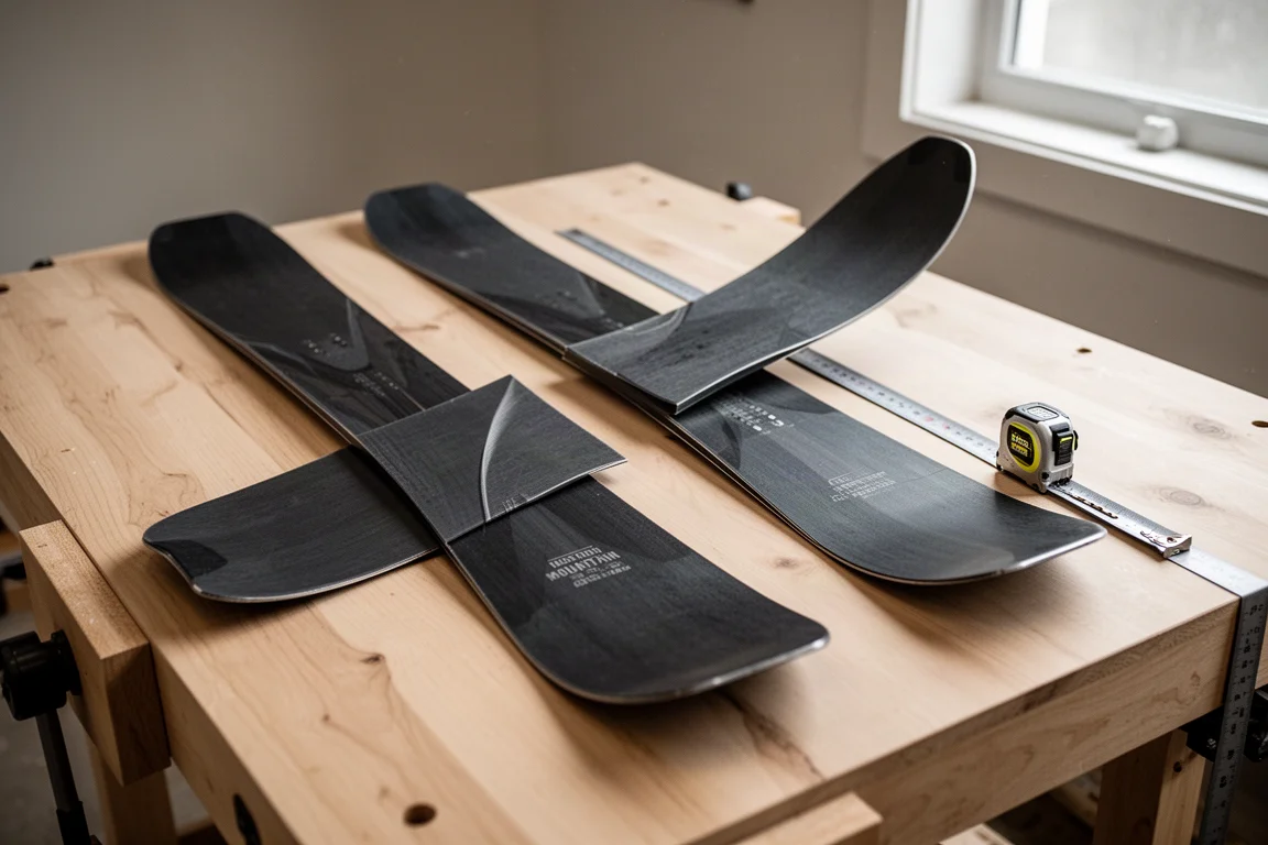 Two wide ski tails laid side by side on a wooden bench showing different rocker profiles