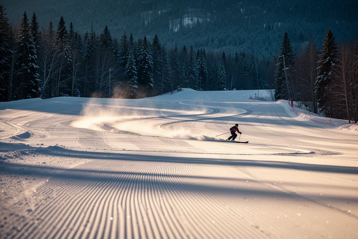 Skier making long sweeping turns down a wide groomed slope in late afternoon light