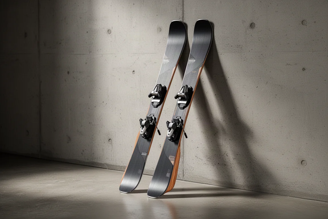 Pair of wide all-mountain skis with dark topsheets leaning against a concrete wall in soft studio light