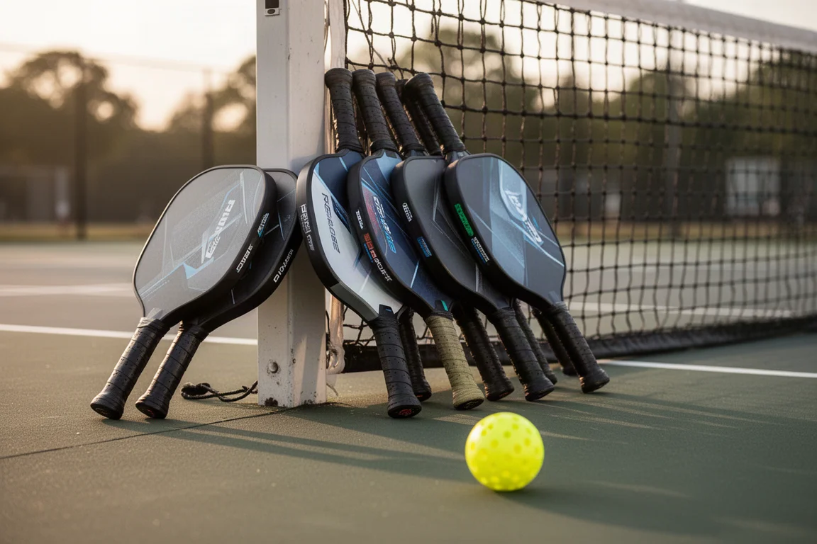 Pickleball-Schläger auf einem Platz angeordnet, mit einem Ball im Vordergrund