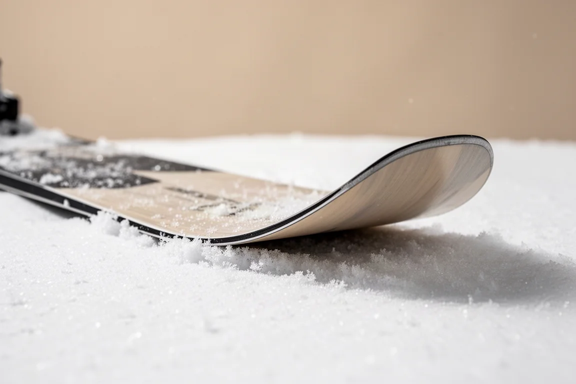 Närbild på en skidas bakände med rockarprofil mot snö