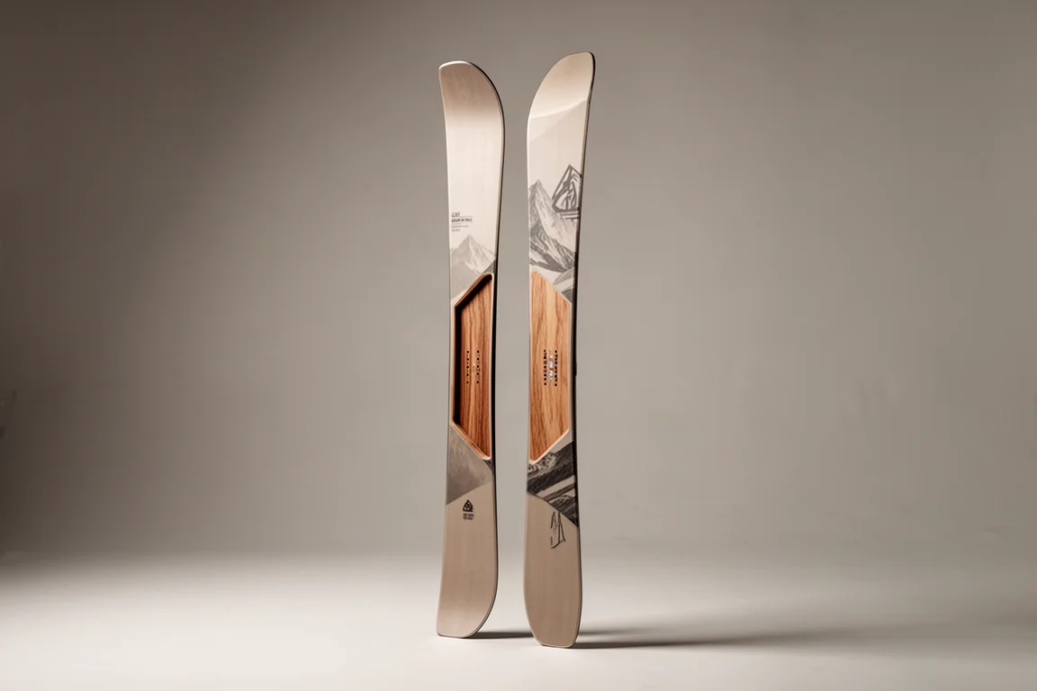 A wide powder ski standing upright on a neutral grey studio backdrop
