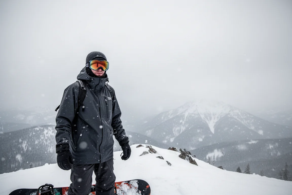 Snowboordeur debout sur une crête montagneuse enneigée sous une neige qui tombe