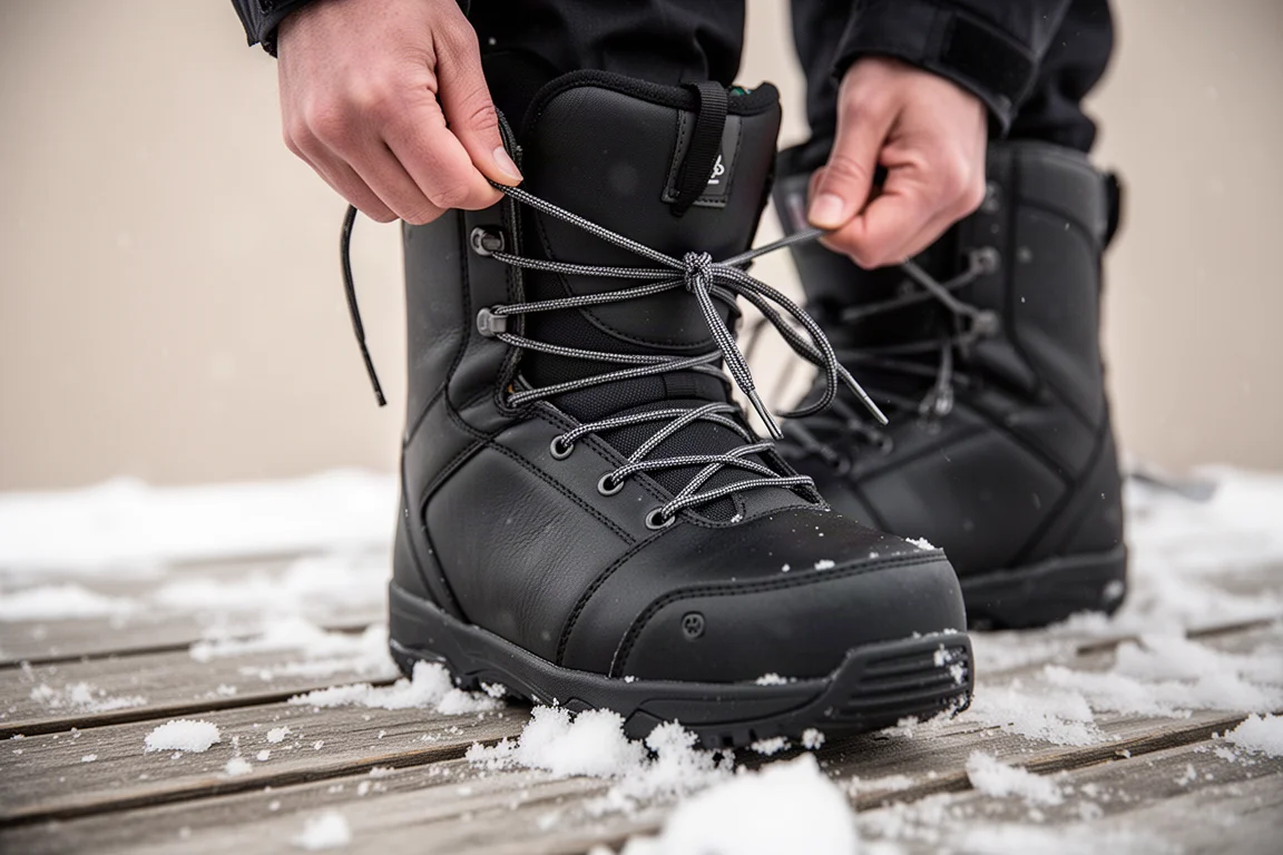 Gros plan sur des lacets de boots de snowboard serrés dans une douce lumière hivernale