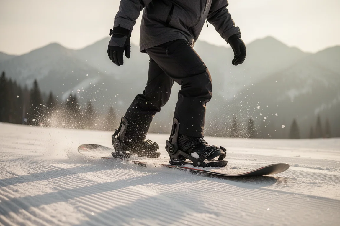 Snowboordeur enfichant sa boot dans une fixation à entrée arrière sur une piste damée