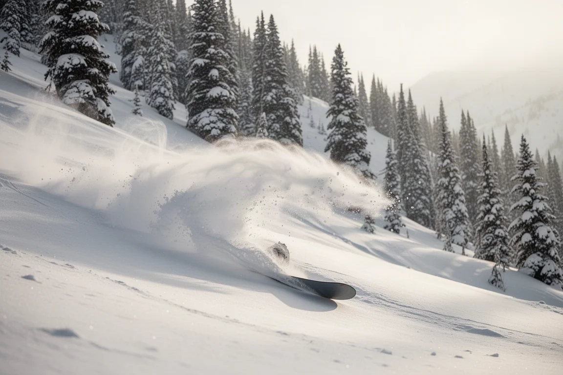 Snowboard traçant une traînée fraîche dans la poudreuse
