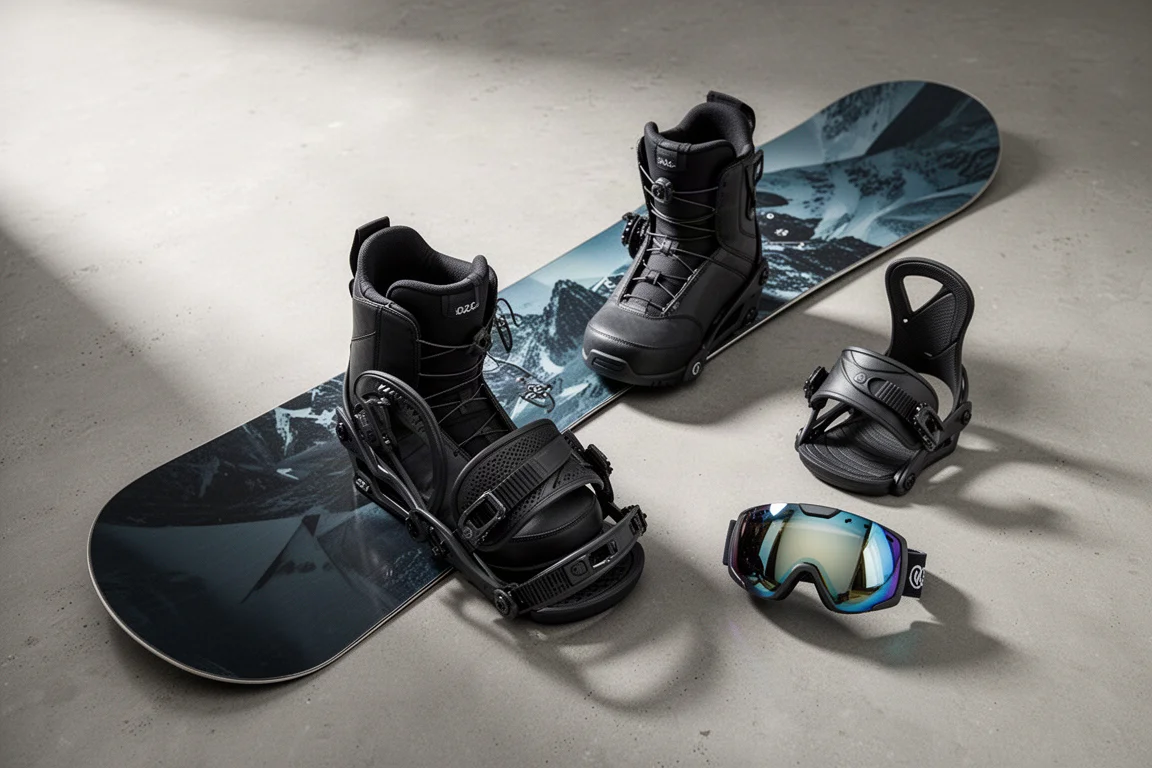 Snowboard gear flat-lay with board, boots, bindings and goggles on concrete