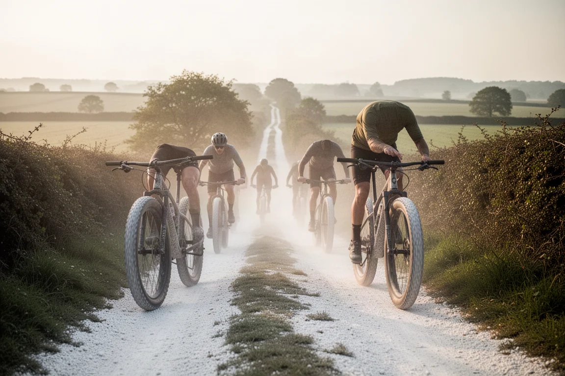 Gravel riders descending a chalky farm track in golden light with dust in the air