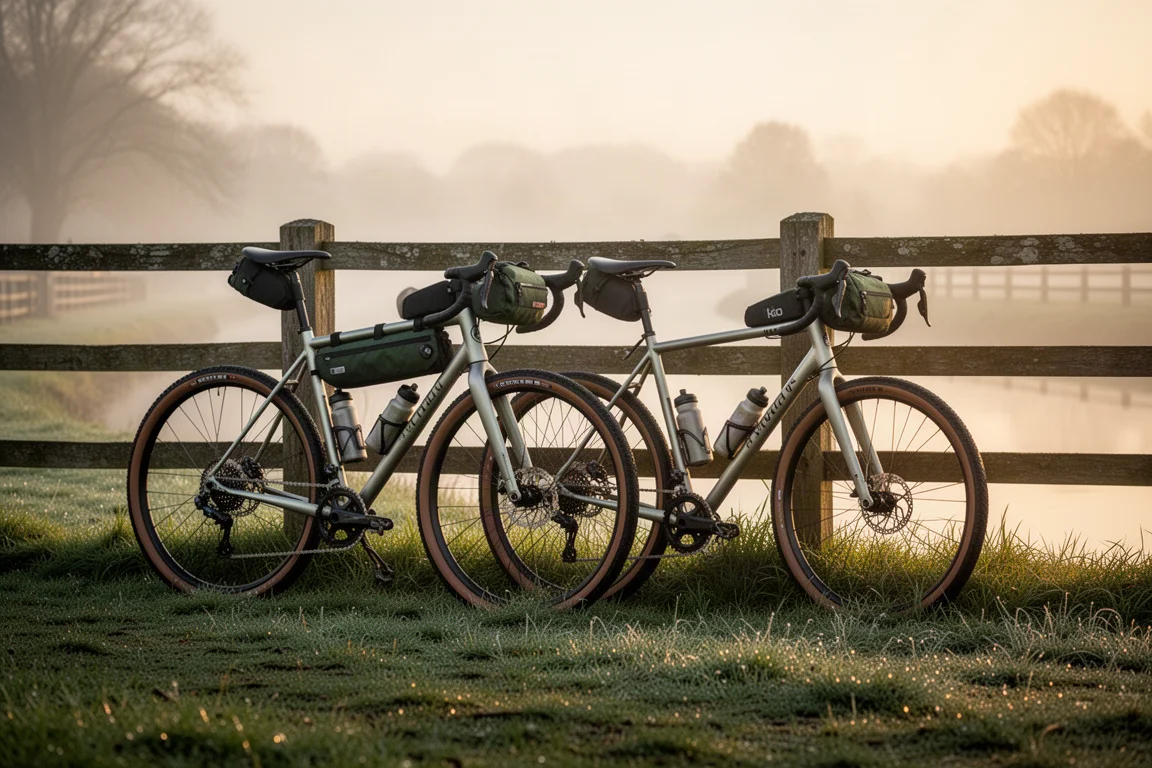 Two aluminium gravel bikes leaning on a wooden fence beside a misty towpath at sunrise