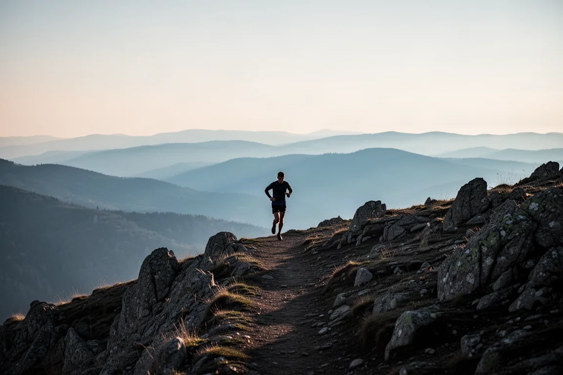 Lone trail runner silhouetted on a rocky ridge line at dawn with layered hills behind