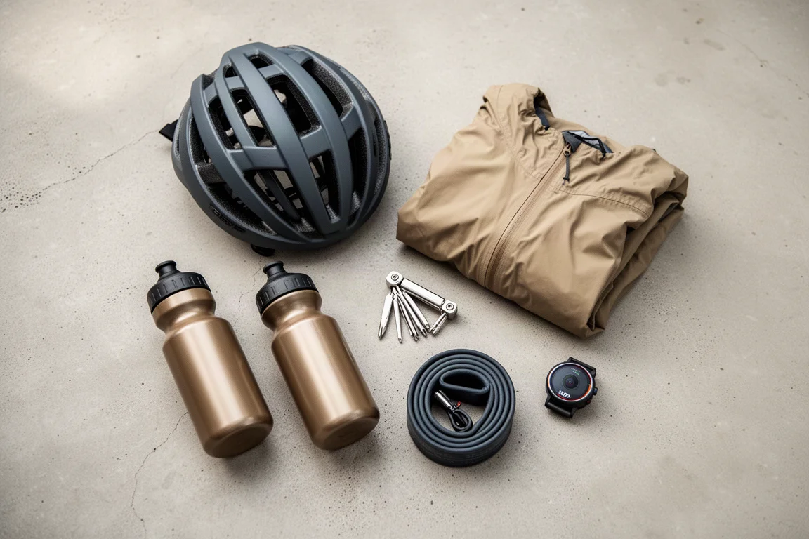 Overhead flat-lay of cycling essentials including helmet, bottles, multi-tool and camera