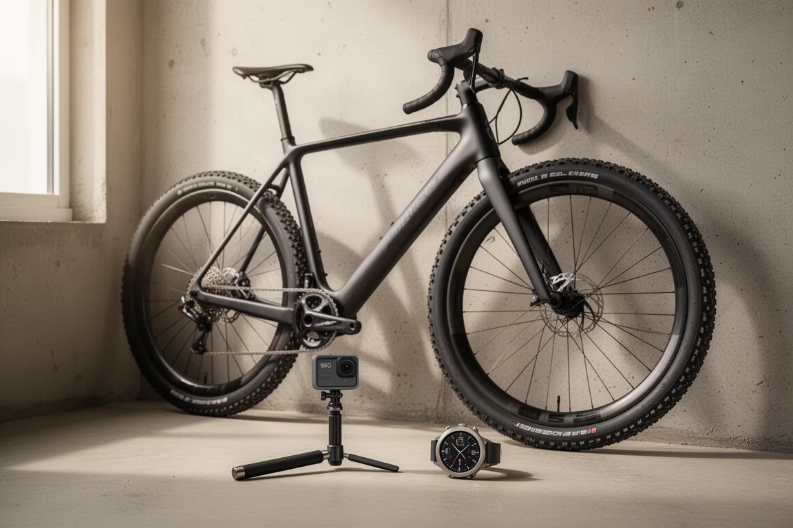 Aero gravel bike with carbon wheels beside a 360 action camera and titanium sports watch