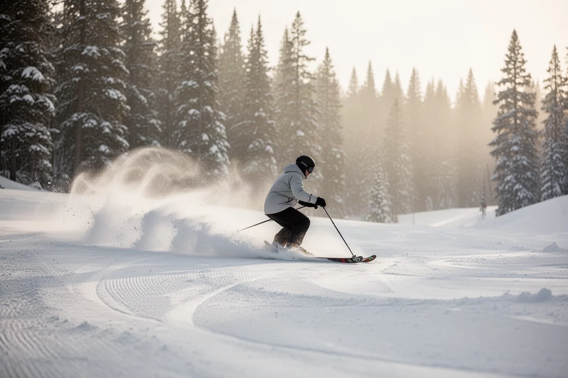 Skidåkare carvar i en preparerad piste med snödrivor bakom bakändarna vid soluppgång