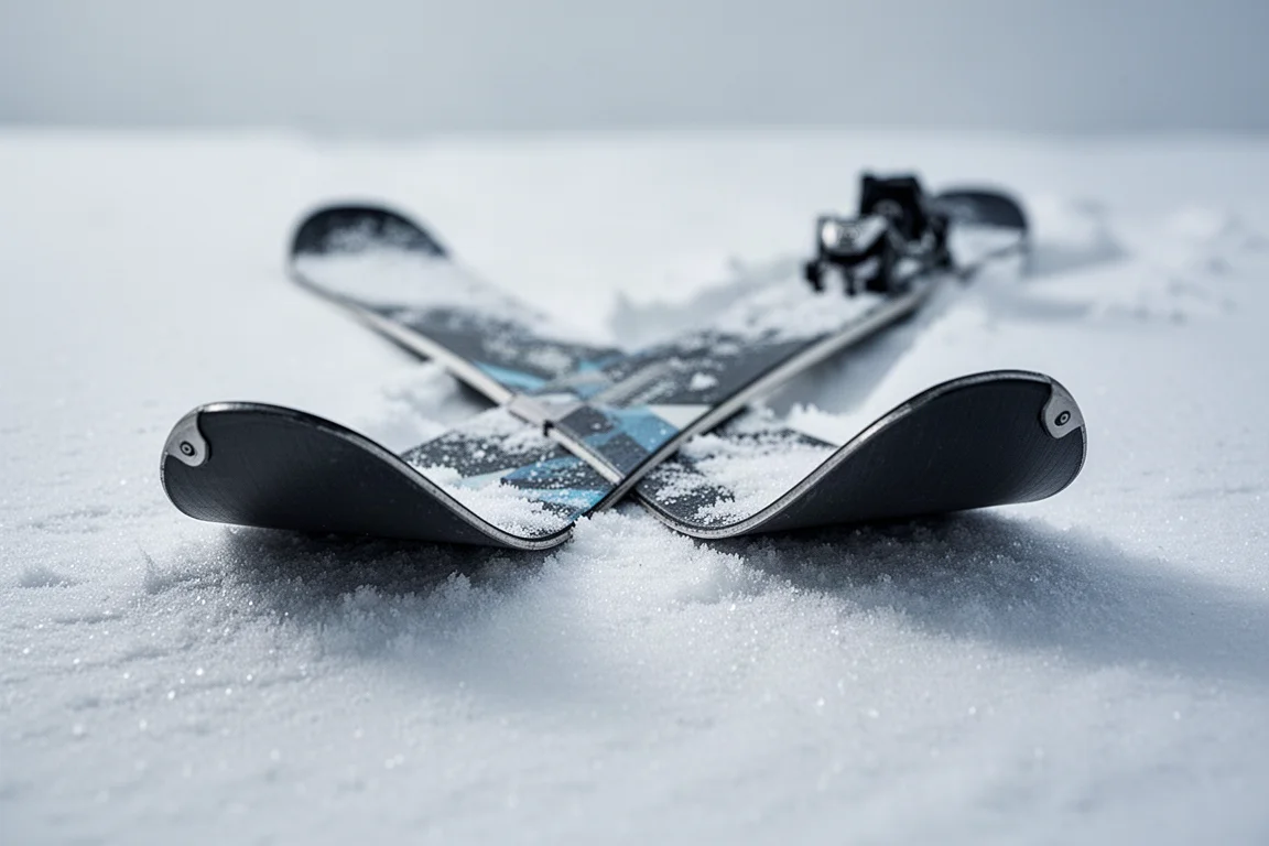 Närbild i låg vinkel av all-mountain-skidor som vilar på packad snö