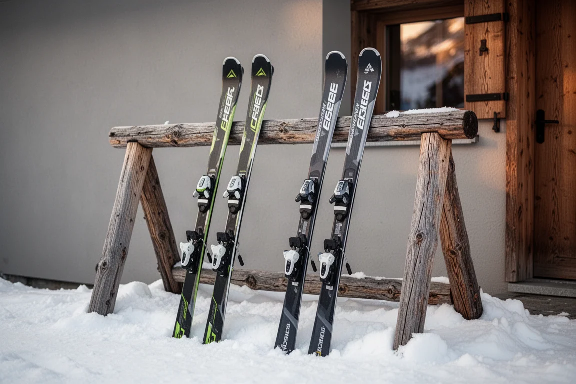 Två par all-mountain-skidor i olika längder lutade mot ett träställ