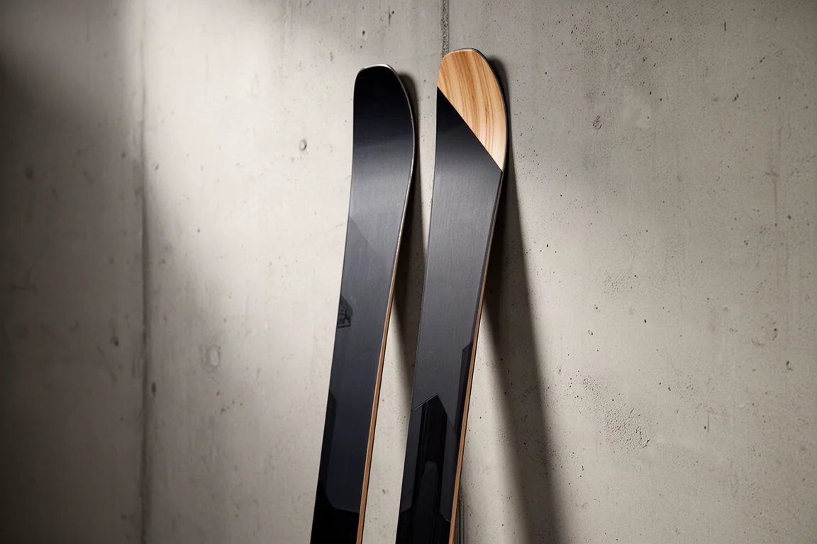 Pair of all-mountain twin tip skis standing against a concrete wall in soft studio light
