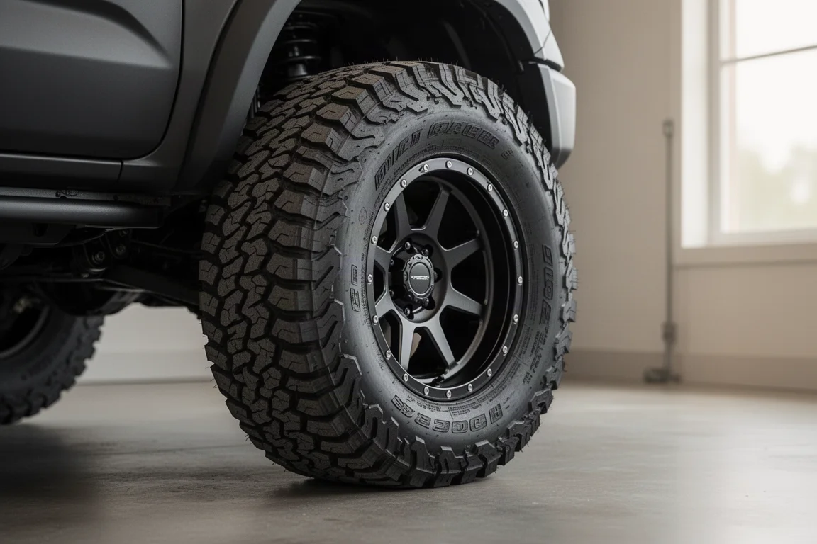 Agressieve all-terraintruckband met diepe loopblokken gemonteerd op een 20-inch velg