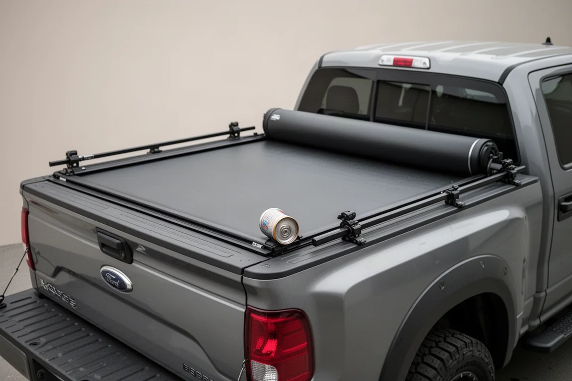 Inrolbare tonneau-afdekking die gedeeltelijk open gerold is op de laadbak van een truck