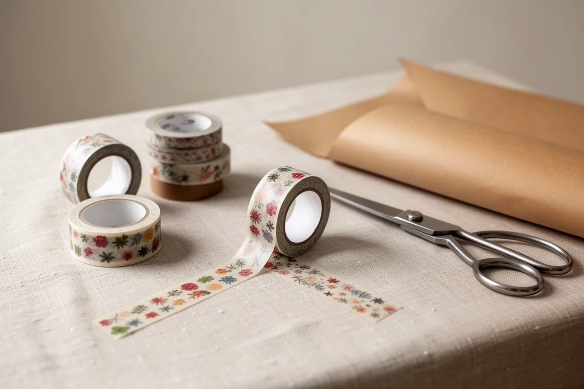 Taśma washi rozwijana i odcinana na stole do pakowania prezentów