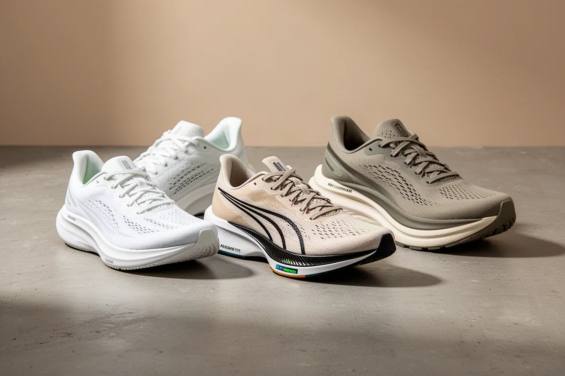 Group of modern running shoes on a matte concrete surface