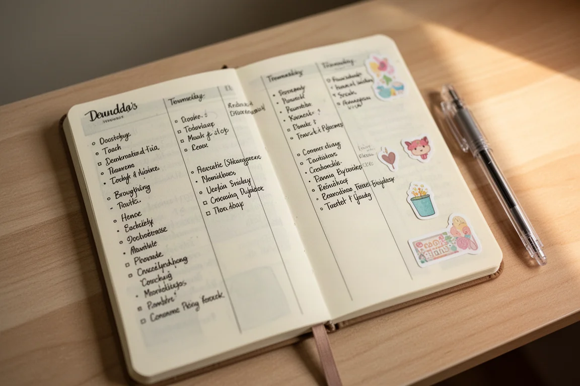 Open vertical weekly planner spread with handwritten notes and stickers