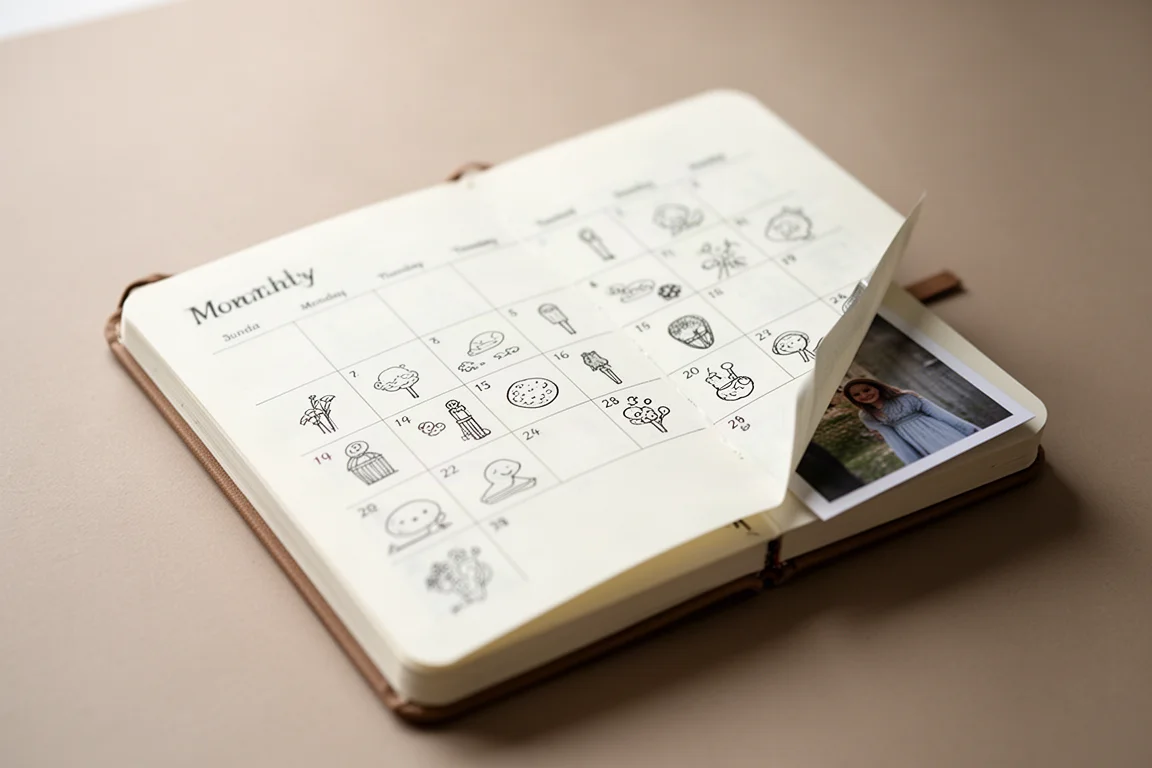 Compact A6 journal with daily doodles on a calendar page