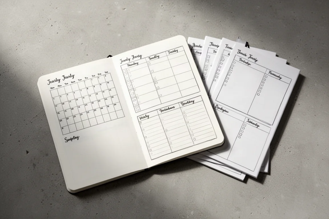 Hand-drawn planner layouts sketched in a thin blank notebook