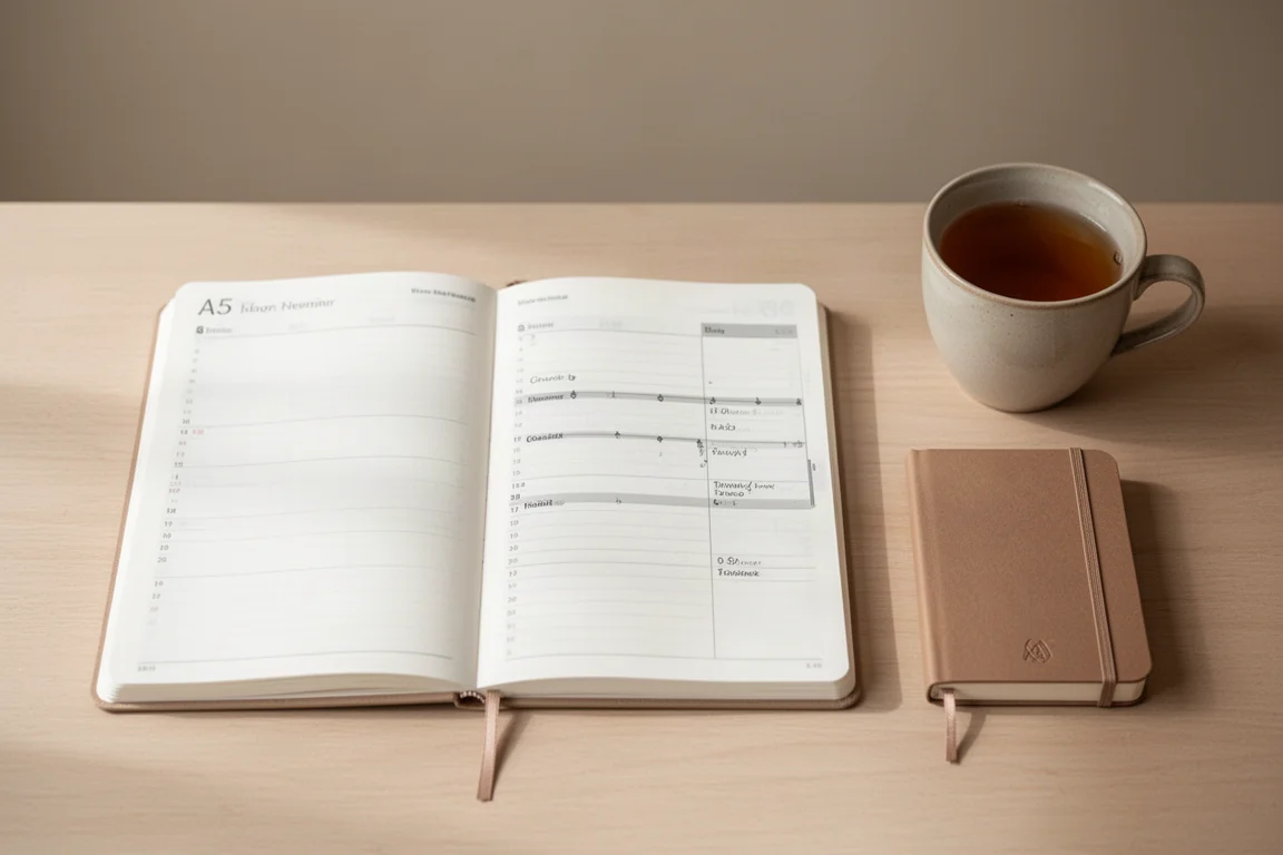 Larger A5 planner open beside a compact A6 journal on a desk