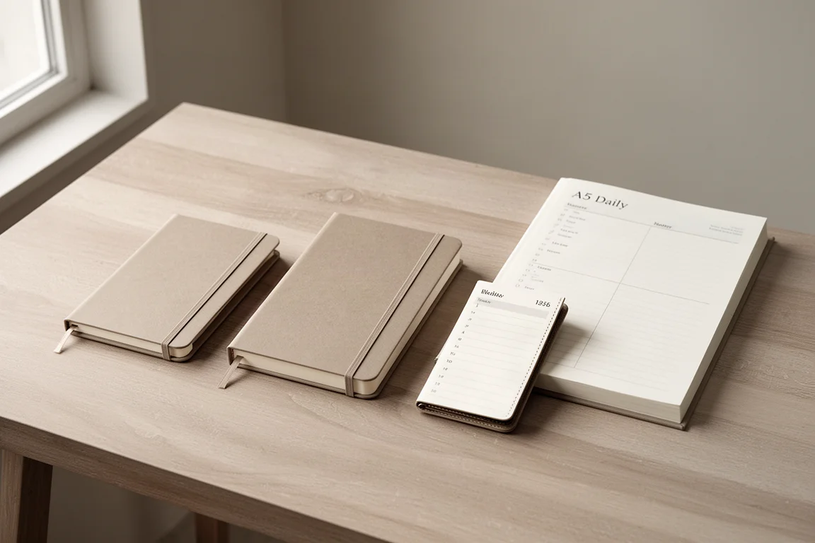 Quattro planner cartacei di dimensioni diverse disposti su una scrivania di legno