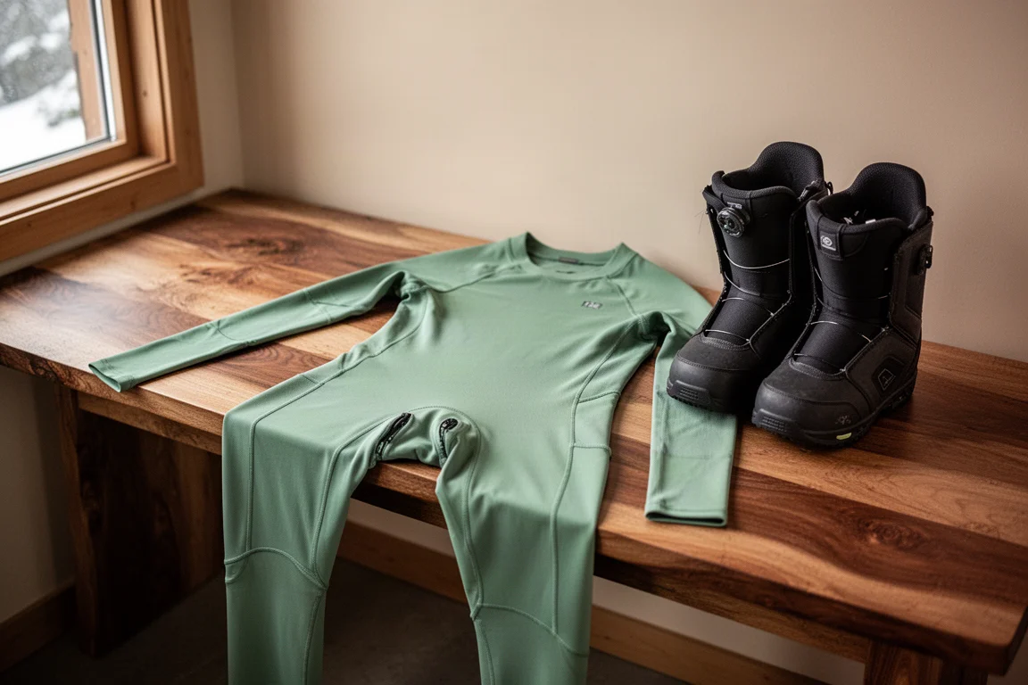 Première couche une pièce posée à côté de boots de snowboard sur un banc en bois