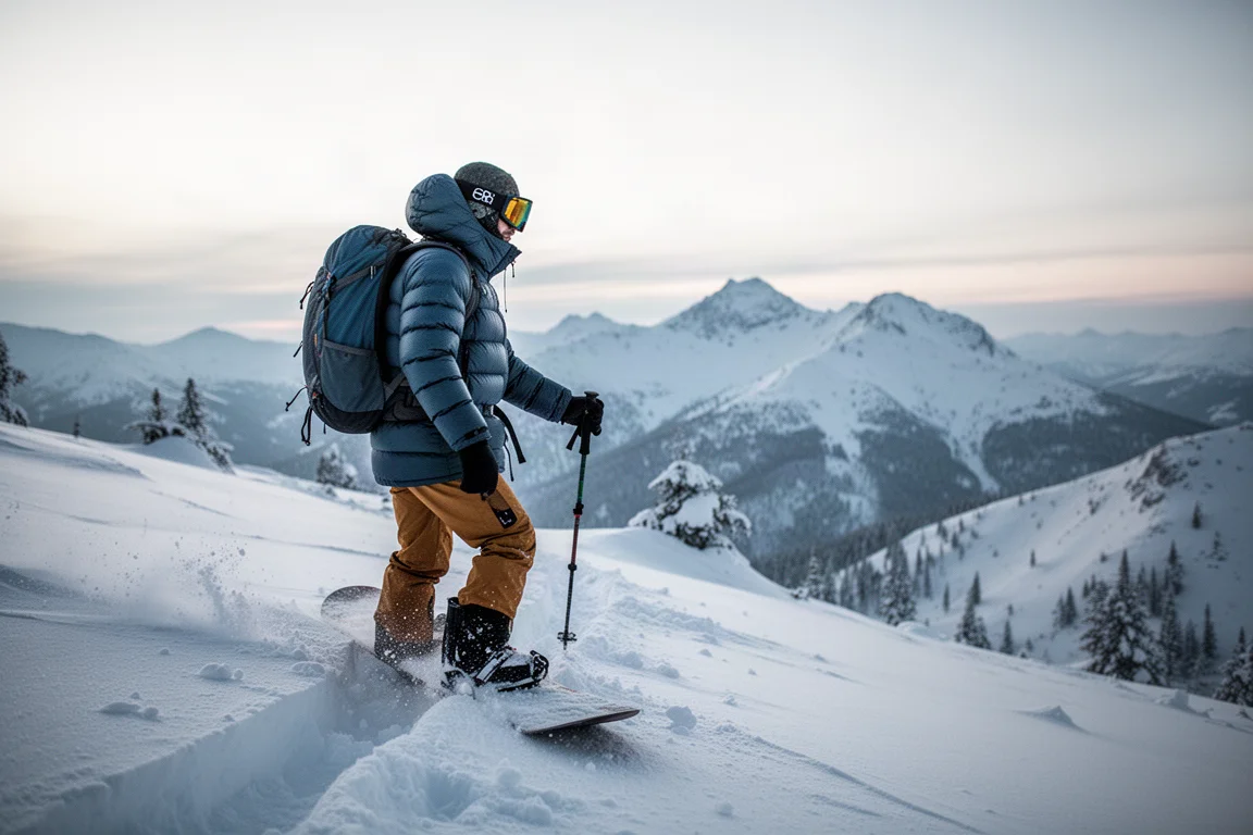 Snowboardeur marchant dans la poudreuse profonde un matin de backcountry