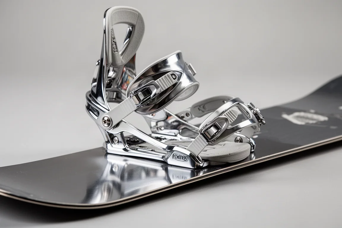 Fixation de snowboard chromée montée sur une planche sous une lumière de studio plate