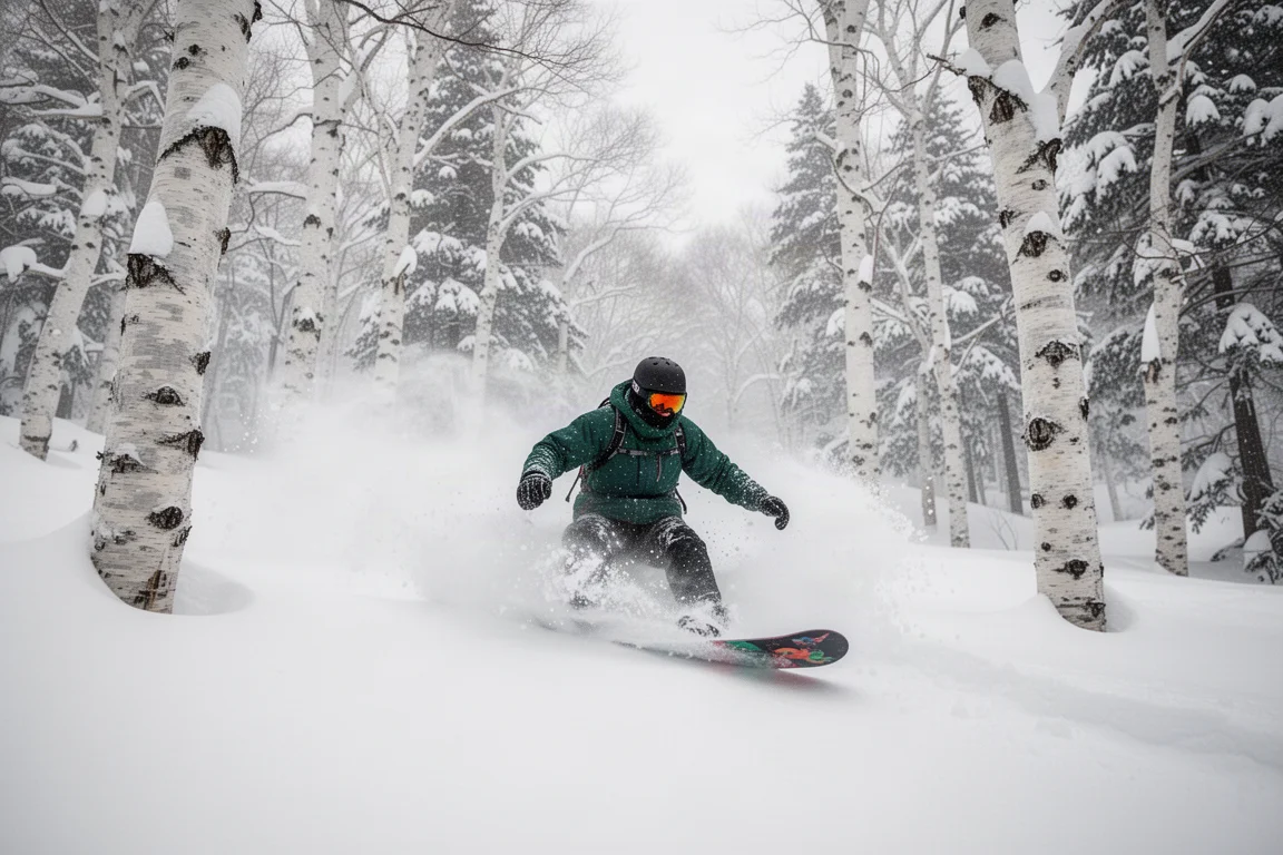 Snowboardeur taillant dans la poudreuse profonde sur un terrain style Japon