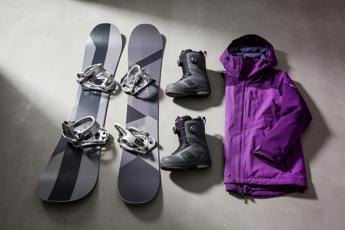 Flat-lay of snowboard gear including board, bindings, boots and purple jacket