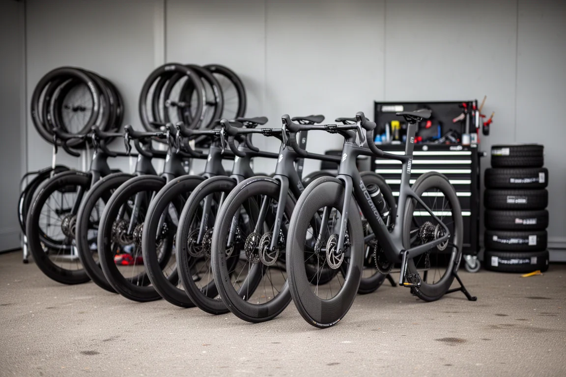 Racefietsen op een rij in een teampaddock met wielen en banden gestapeld in de buurt