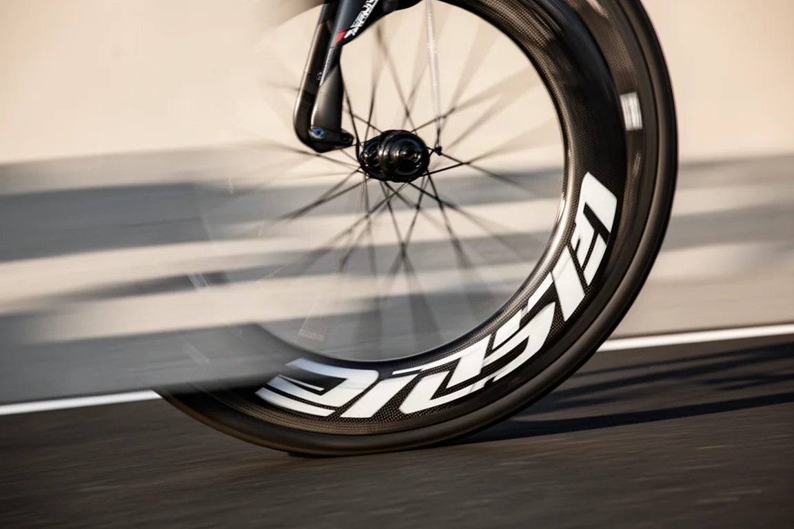 Diep carbon wegwiel dat met bewegingsonscherpte over glad asfalt rolt