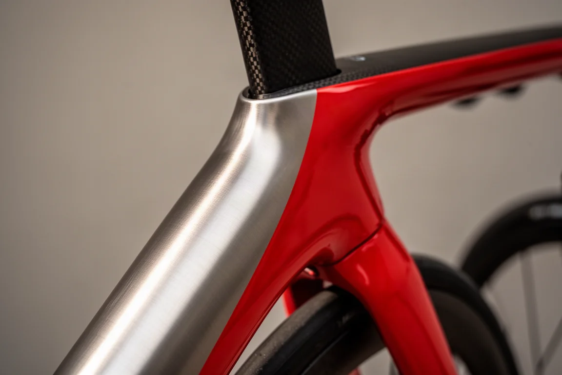 Detail van een geborstelde metaalafwerking op een framebuis van een aero racefiets
