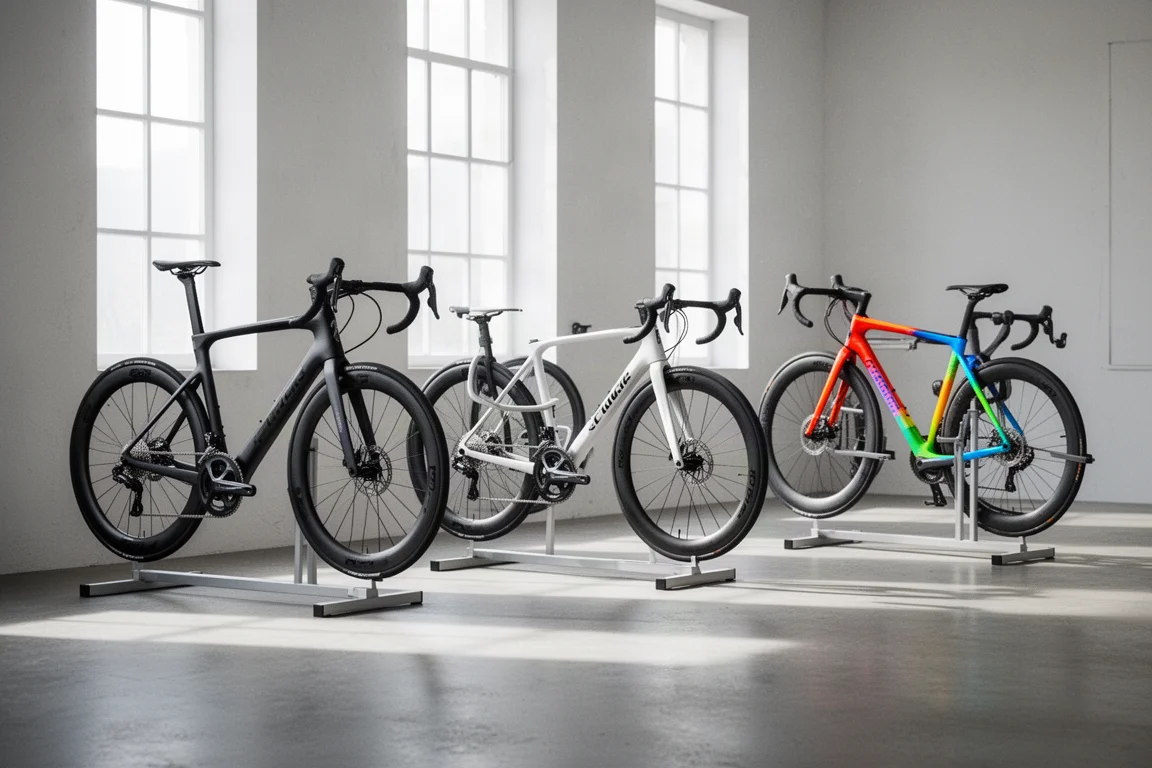 Verschillende aero racefietsen op displaystandaards in een lichte werkplaats