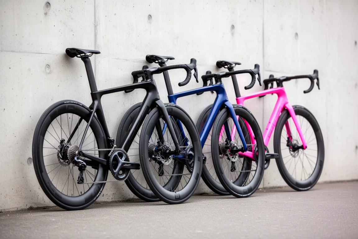 Three aero road racing bicycles leaning against a pale concrete wall