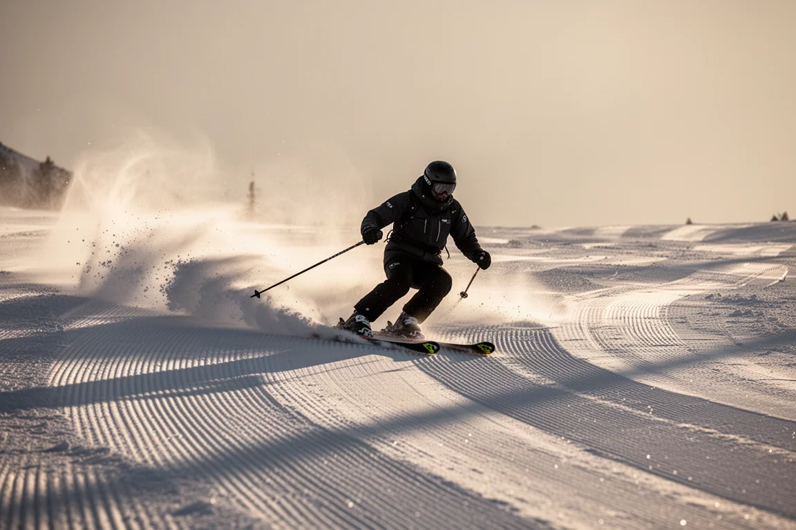 Skier carving short turns on groomed corduroy at first light