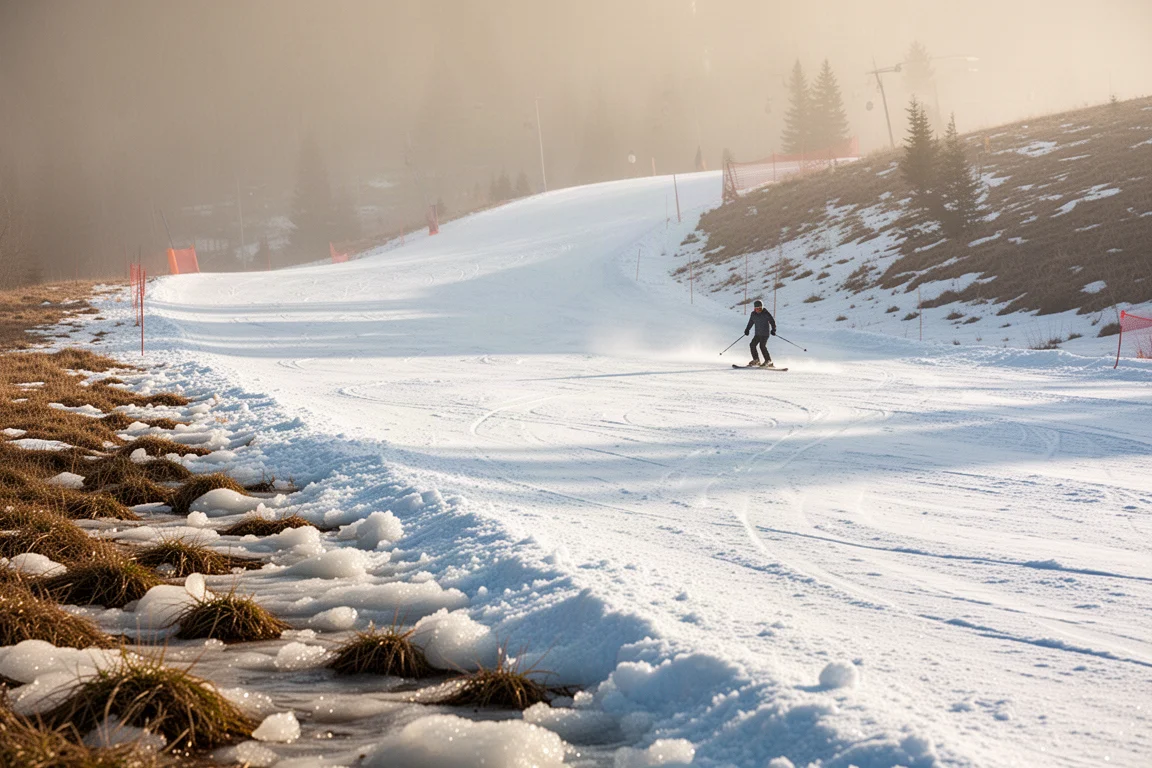 Late-season ski slope with soft corn snow and warm afternoon light