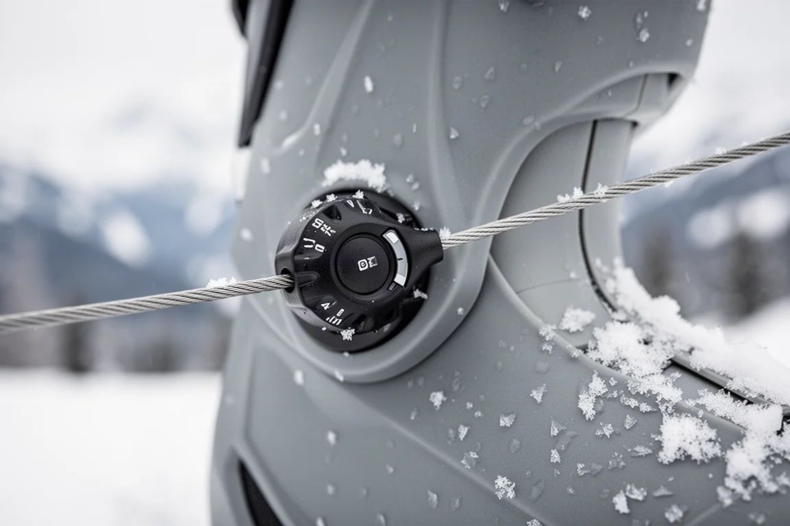 Macro view of a ski boot cable dial with snow crystals on the shell