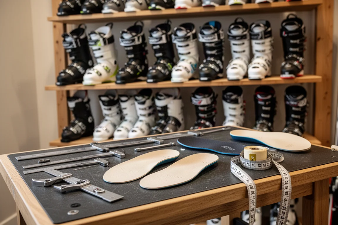 Ski shop boot-fitting bench with boots, tools, and footbed blanks